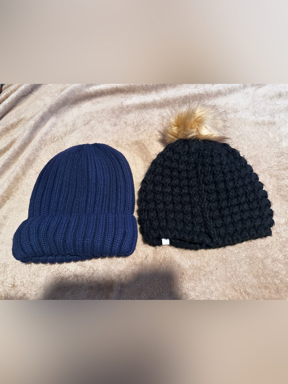 Fabletics Kids Navy and Black Knit Beanie Duo with Faux Fur Pom